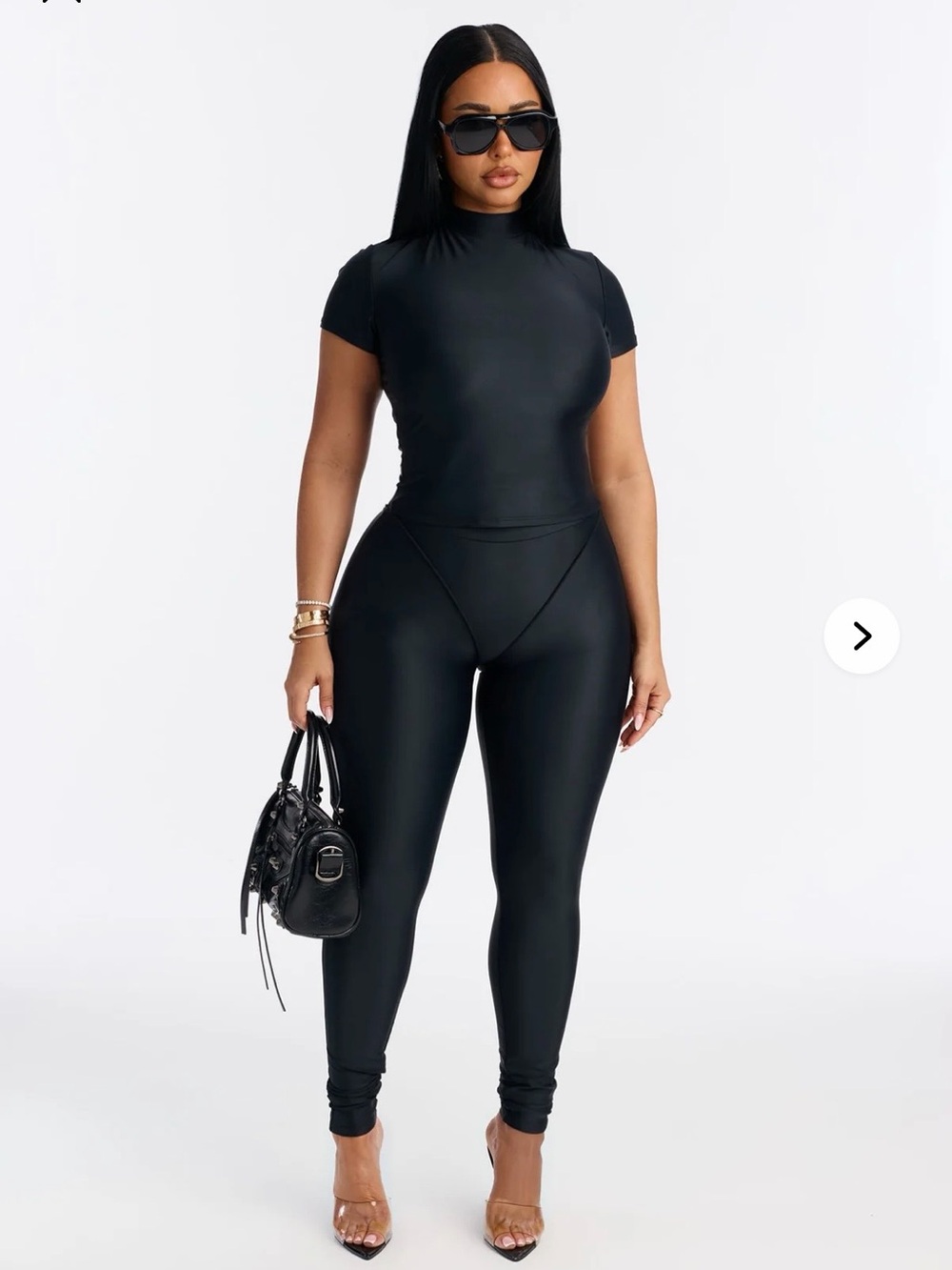 Women’s 2 piece Black Short-Sleeve Mock Neck Top/ leggings set